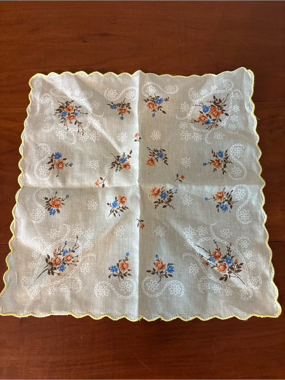 Floral Handkerchief with Yellow Scalloped Edge